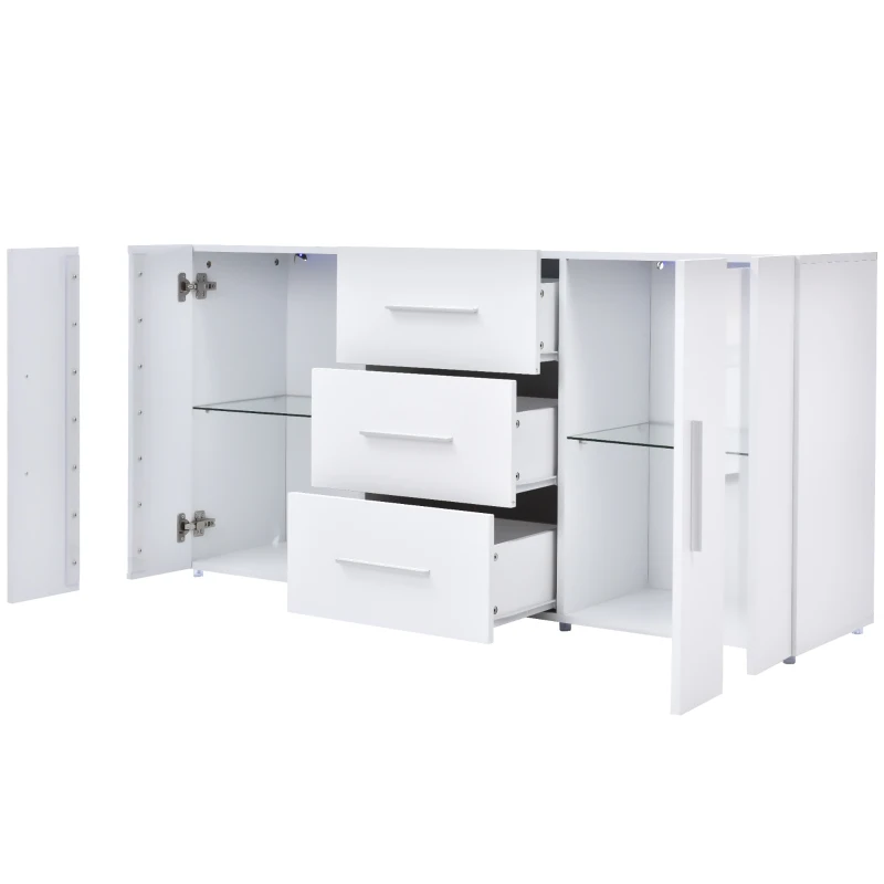 Buffet moderne avec lumières LED multicolores, 3 tiroirs et 2 placards, 140 cm - Meuble TV Suspendu, Blanc