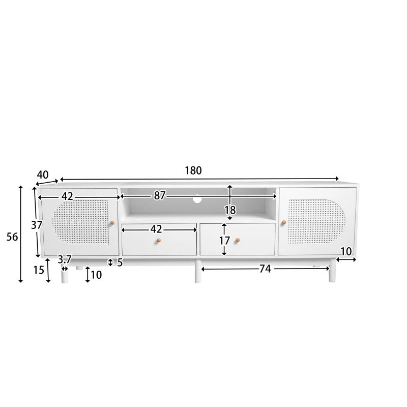 Meuble TV scandinave élégant en rotin 180 cm pour téléviseurs jusqu'à 80 pouces avec 2 portes et 2 tiroirs, Blanc