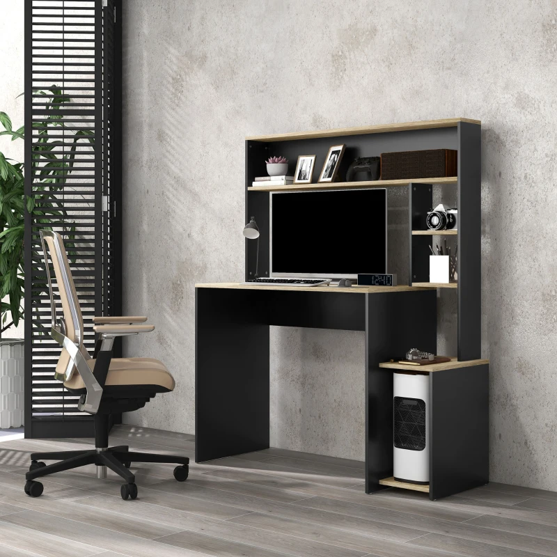 HOMCOM Secretária para Computador com Prateleira de 3 Níveis Mesa de Estudo com Suporte para CPU 114x45x138 cm Cinza e Natural