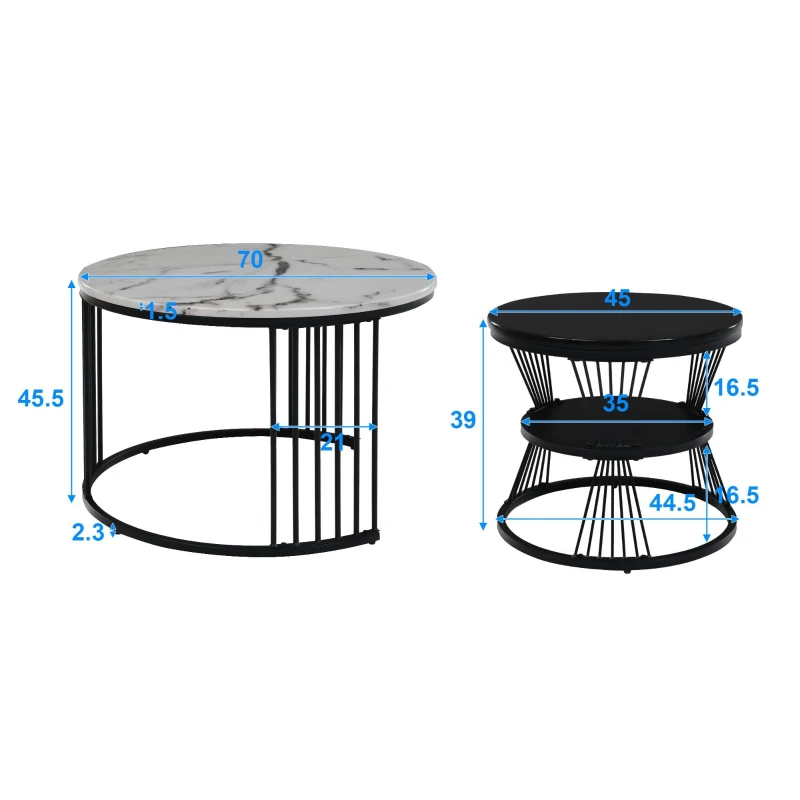 Ensemble de 2 Tables Basses Gigognes Modernes, Design aspect Marbre Brillant, Noir