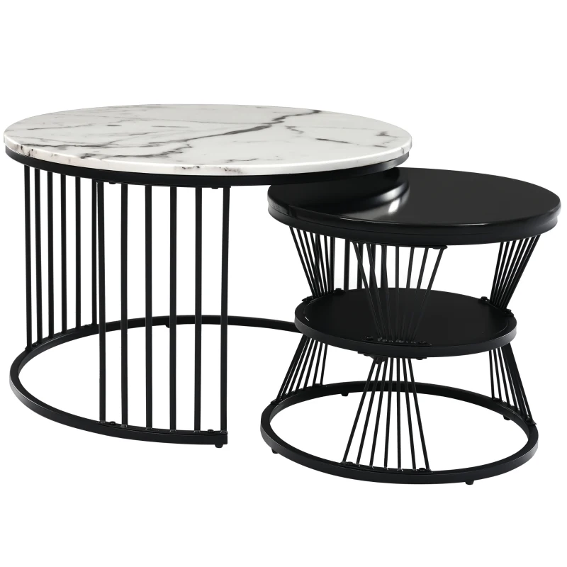 Ensemble de 2 Tables Basses Gigognes Modernes, Design aspect Marbre Brillant, Noir