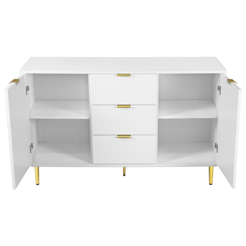 Buffet Élégante avec 2 Portes, 3 Tiroirs et Détails à Rayures Verticales - Meuble de Rangement, Blanc+doré