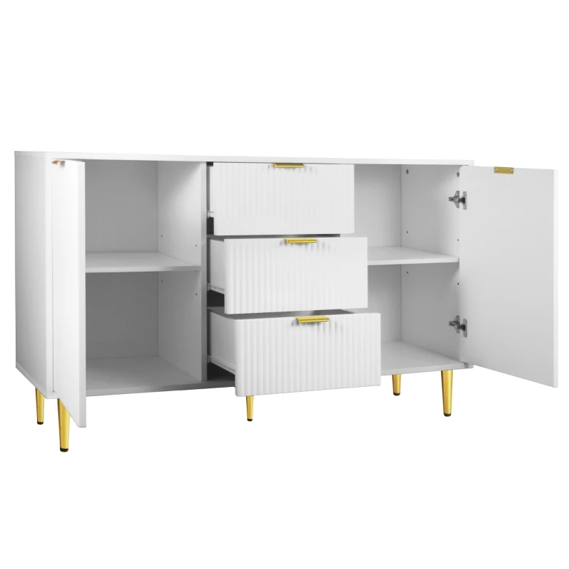 Buffet Élégante avec 2 Portes, 3 Tiroirs et Détails à Rayures Verticales - Meuble de Rangement, Blanc+doré