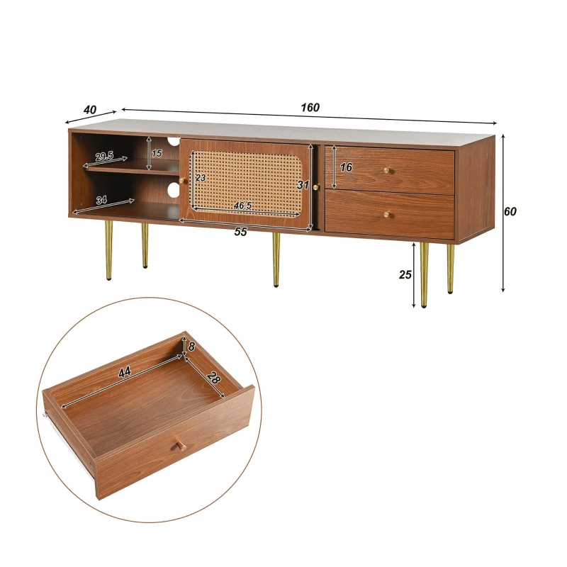 Meuble TV scandinave élégant avec portes coulissantes en rotin, tiroirs et 4 étagères, Couleur noyer