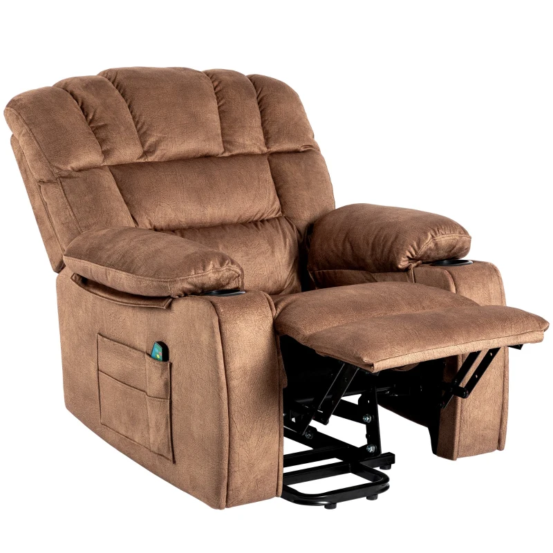 Fauteuil de massage électrique de luxe pour seniors, inclinable, chauffant, avec porte-gobelet, poches, télécommande et pédale,  idéal pour salon et chambre, Marron