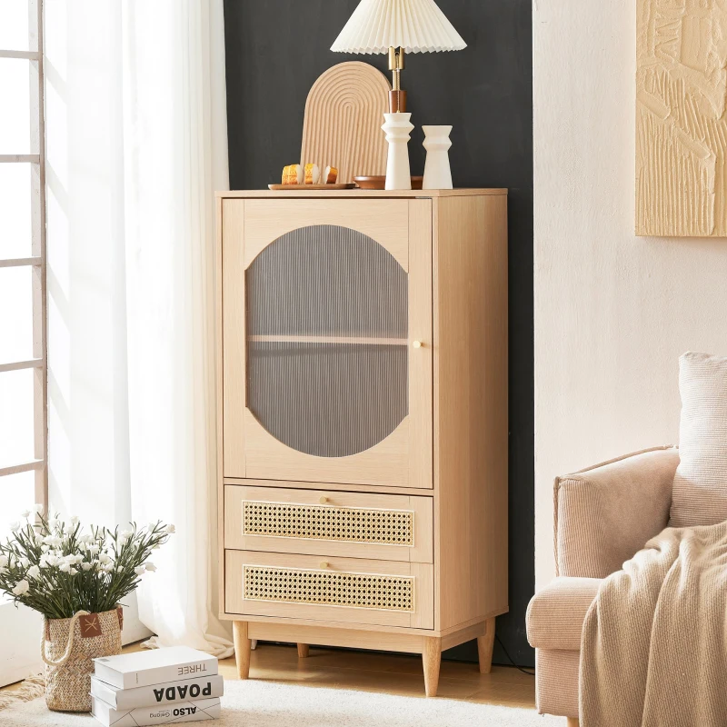 Meuble de rangement avec porte en acrylique transparent et 2 façades de tiroirs en cannage rotin pour salon et salle à manger, Naturel