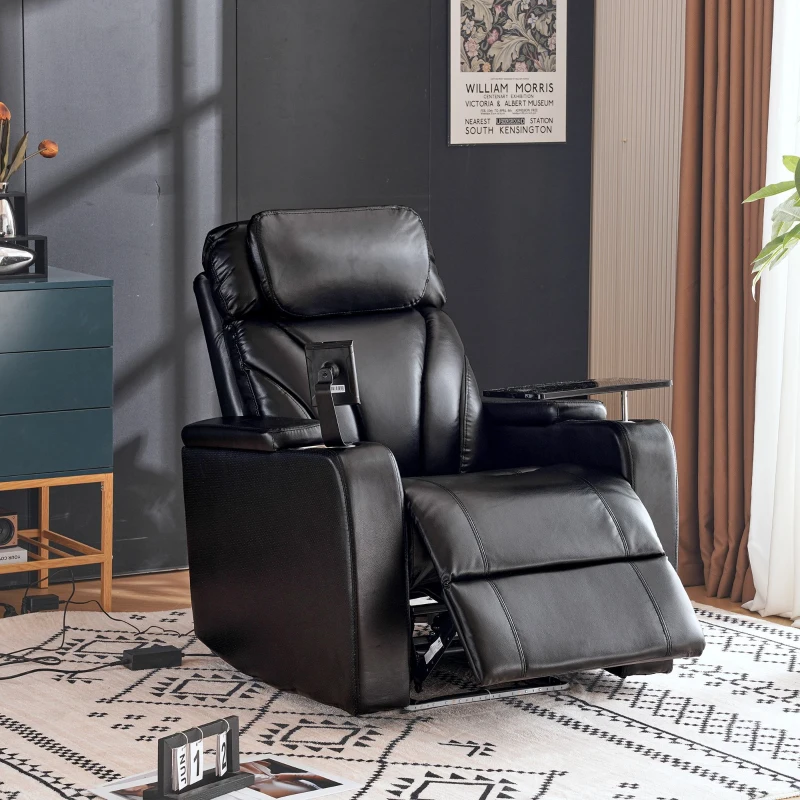 Fauteuil de Relaxation Électrique avec Port USB, Tablette Pivotante à 360°, Porte-gobelet et revêtement PU, Noir