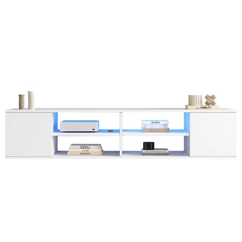 Meuble TV à roulette avec éclairage LED, montage au sol ou mural et grand espace de rangement, Blanc