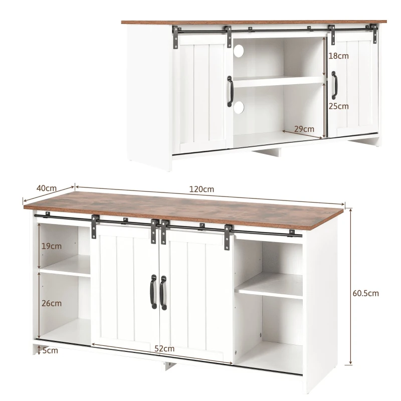 Meuble TV mobile de style industriel vintage avec 2 portes coulissantes et étagères réglables, design rustique, Blanc