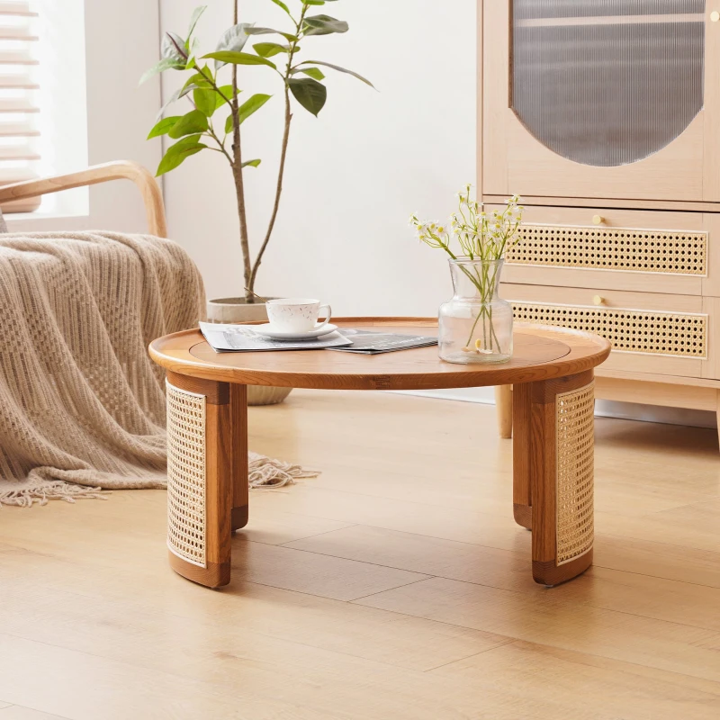 Table Basse Vintage en Bois Massif avec Détails en Cannage Rotin, Ø70 cm, Naturel