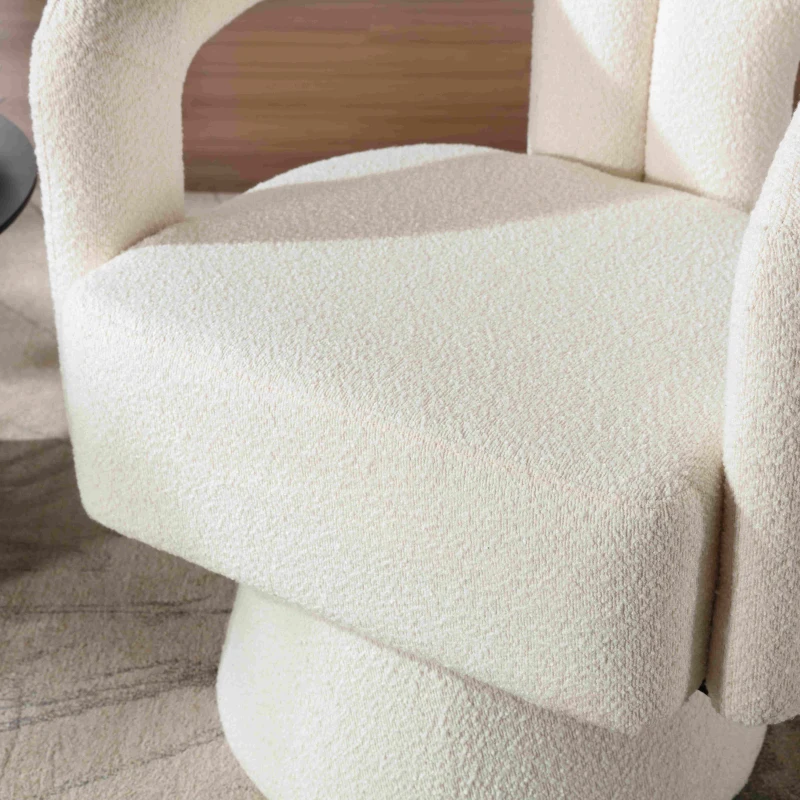 Poltrona Girevole Imbottita in Stoffa Bouclé, Design a Botte per Salotto e Ufficio, Beige