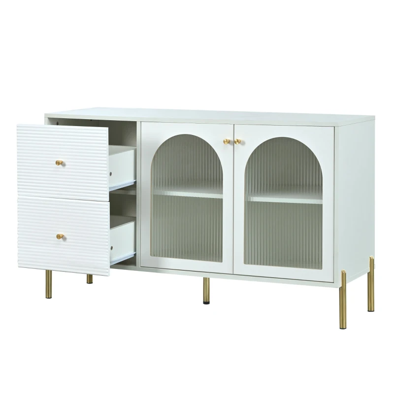Buffet Élégante avec Étagères Réglables et Dessus Effet Marbre, 2 Portes et 2 Tiroirs - Meuble de Rangement, Blanc