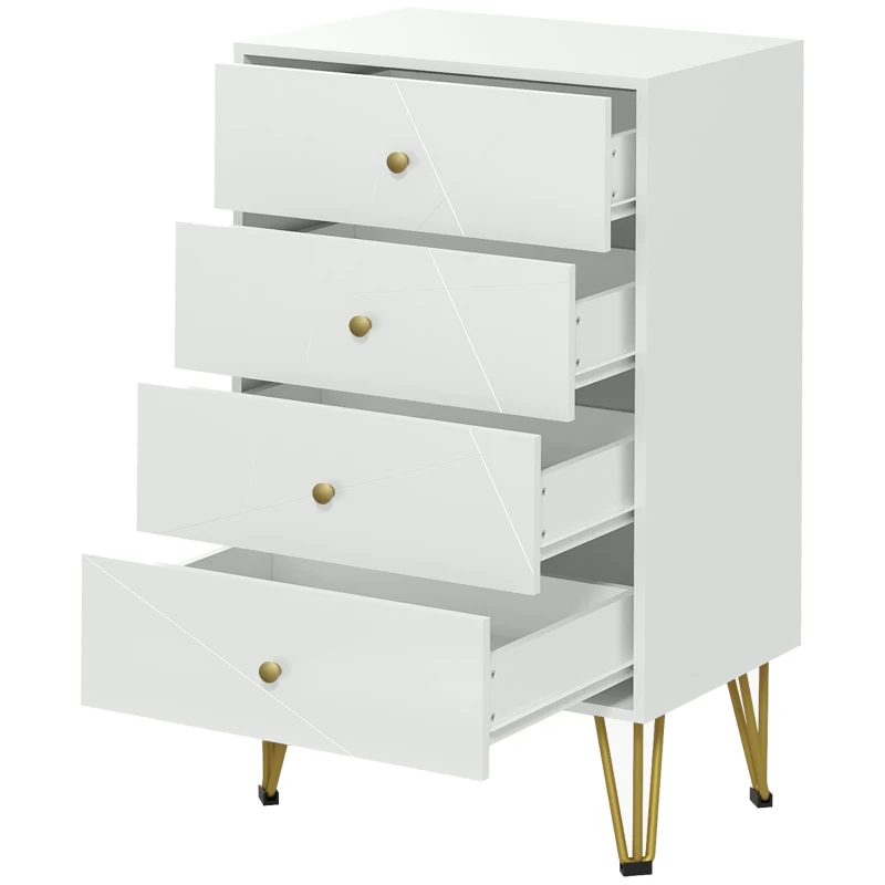 HOMCOM Cómoda de Quarto Moderna Cómoda de Madeira com 4 Gavetas e Pés Metálicos para Sala Escritório 60x40x100 cm Branco