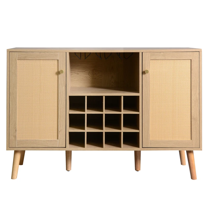 Buffet effet bois avec 2 portes en rotin, étagères réglables, bibliothèque et porte-bouteilles, Naturel