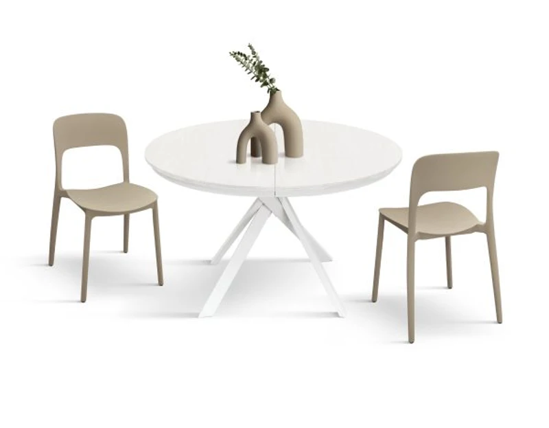 PAZZO DESIGN Tavolo Allungabile con Gambe Incrociate rotondo, Made in Italy, Basamento bianco, Bianco frassinato