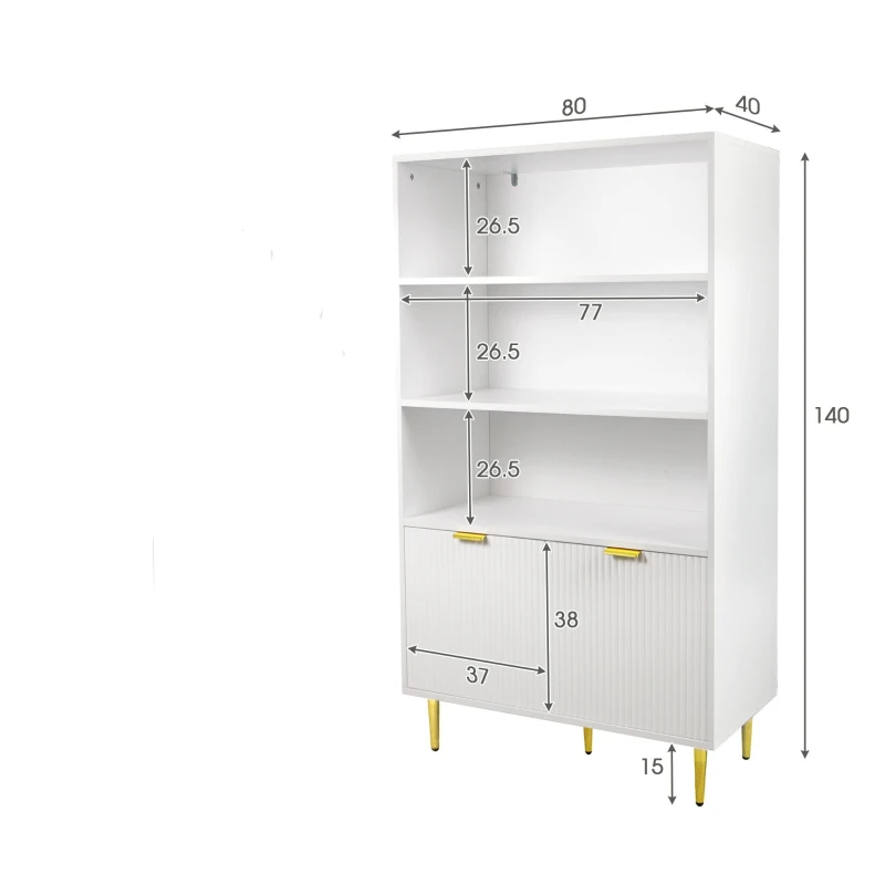 Armoire Haute Élégante, 2 Portes et 3 Étagères Ouvertes, Multifonction, Meuble de Rangement, Blanc+doré