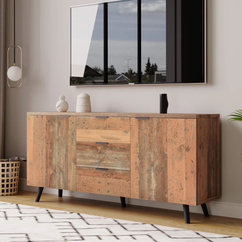 Buffet Vintage Scandinave en Bois avec 3 Tiroirs et Étagères Réglables pour Salon et Salle à Manger, Brun antique(m-4)