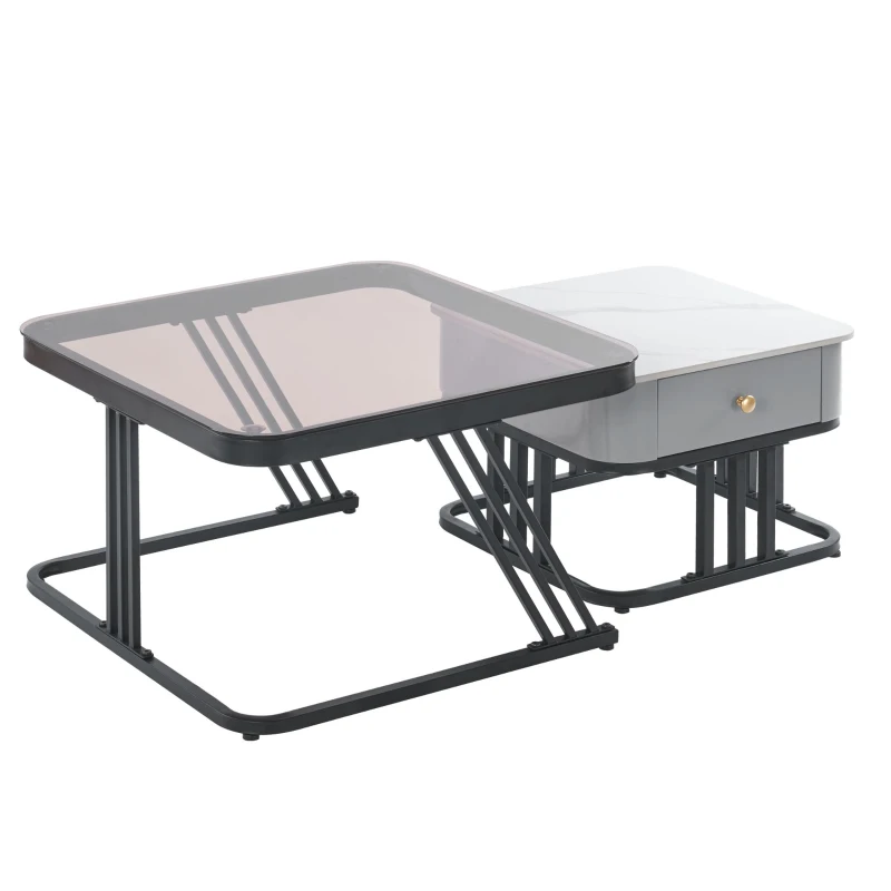 Ensemble de Tables Basses Gigognes en Verre et aspect marbre avec Tiroirs en Bois Massif, Élégance et Fonctionnalité pour le Salon, Marron blanc