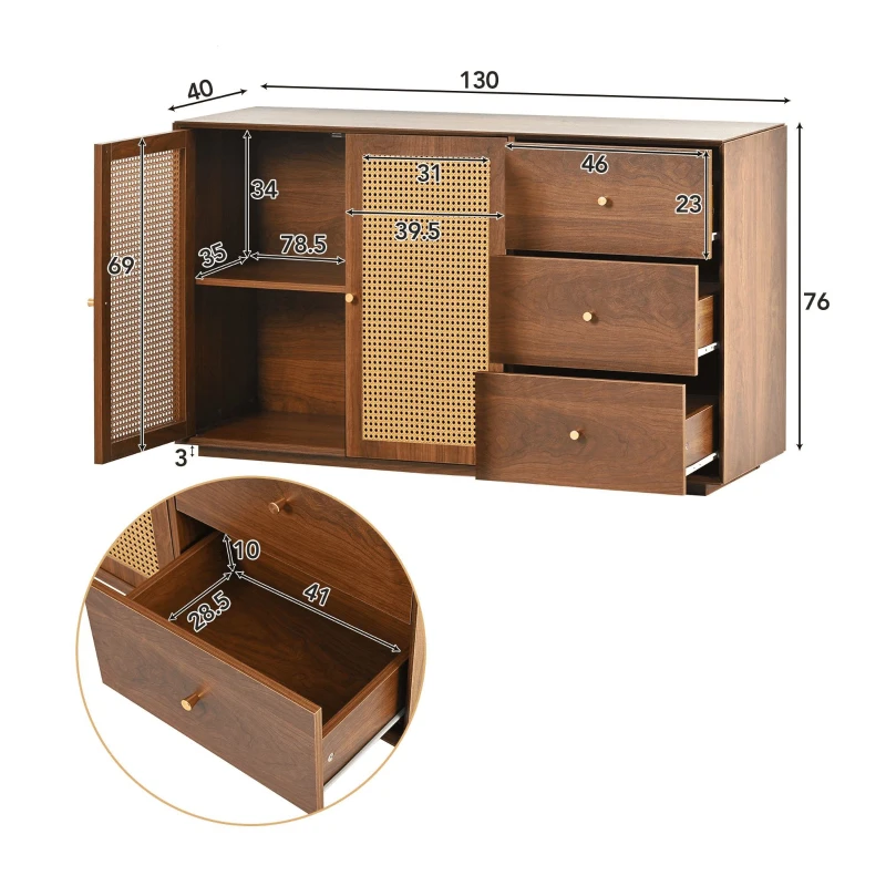 Buffet Moderne en Rotin avec 3 Tiroirs, 2 Portes et Meuble TV Scandinave, couleur noyer