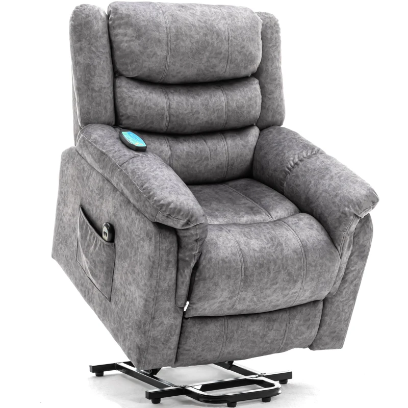 Fauteuil releveur électrique et inclinable avec fonction massage et chauffant, revêtement tissu, Gris