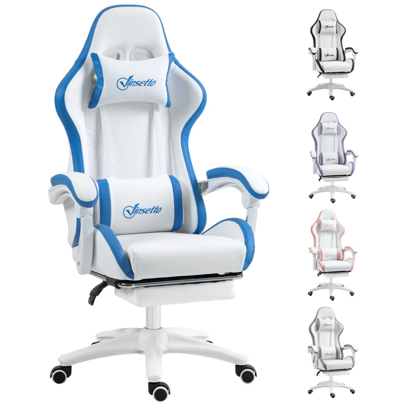 Vinsetto Computer Gaming Chair, PU Leather Desk Chair with Footrest, Swivel Task Chair with 135° Reclining Back and Lumbar Support, PC Chair for Adults, White and Blue