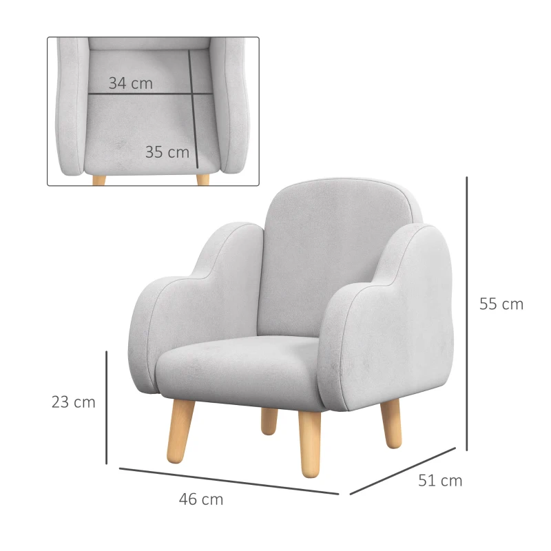 ZONEKIZ Fotoliu pentru Copii Stil Scandinav cu Cotiere din Nori, Fotoliu din Material Textil pentru Copii până la 3 ani, 46x51x55 cm, Gri