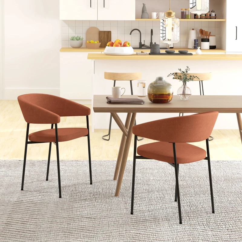 HOMCOM Set 2 Scaune Tapițate cu Cotieră și Spătar dintr-o Singură Bucată, Scaune Moderne din In și Țesătură cu Efect de Oțel, 59x56x78 cm, Portocaliu