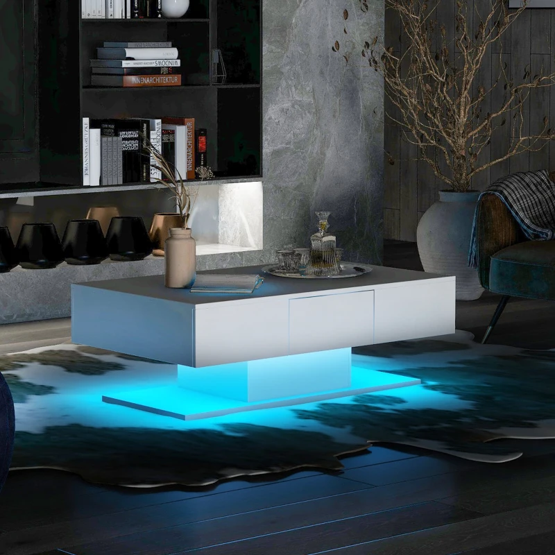 Table Basse Moderne avec 2 Tiroirs et Éclairage LED Multicolore, Blanc