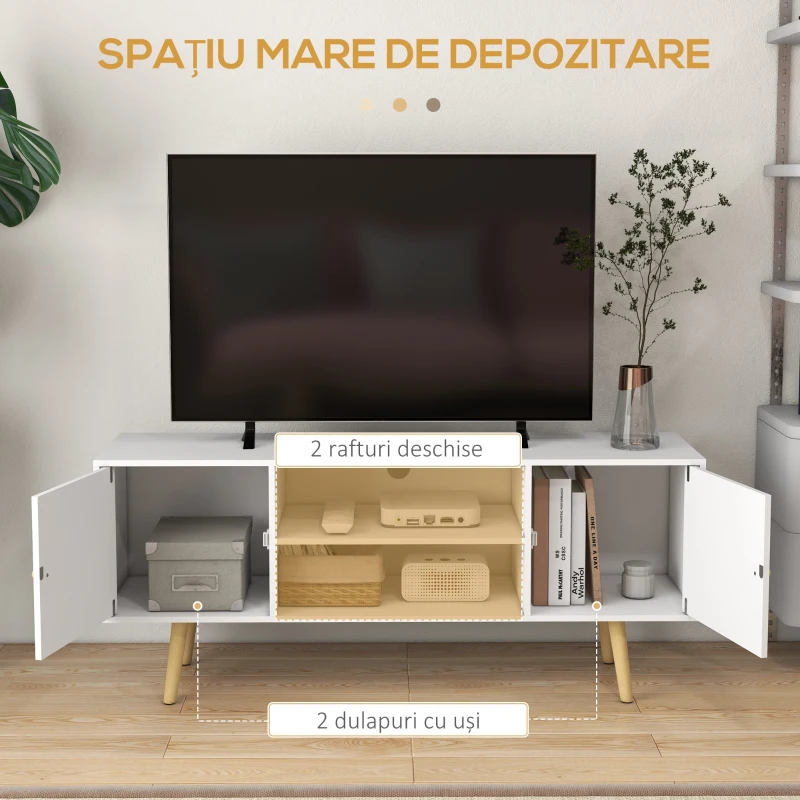 HOMCOM Cabinet TV 55" cu 2 Dulapuri, Uși și 2 Rafturi Deschise, Consolă TV din Lemn și PAL, 120x34x50 cm, Alb