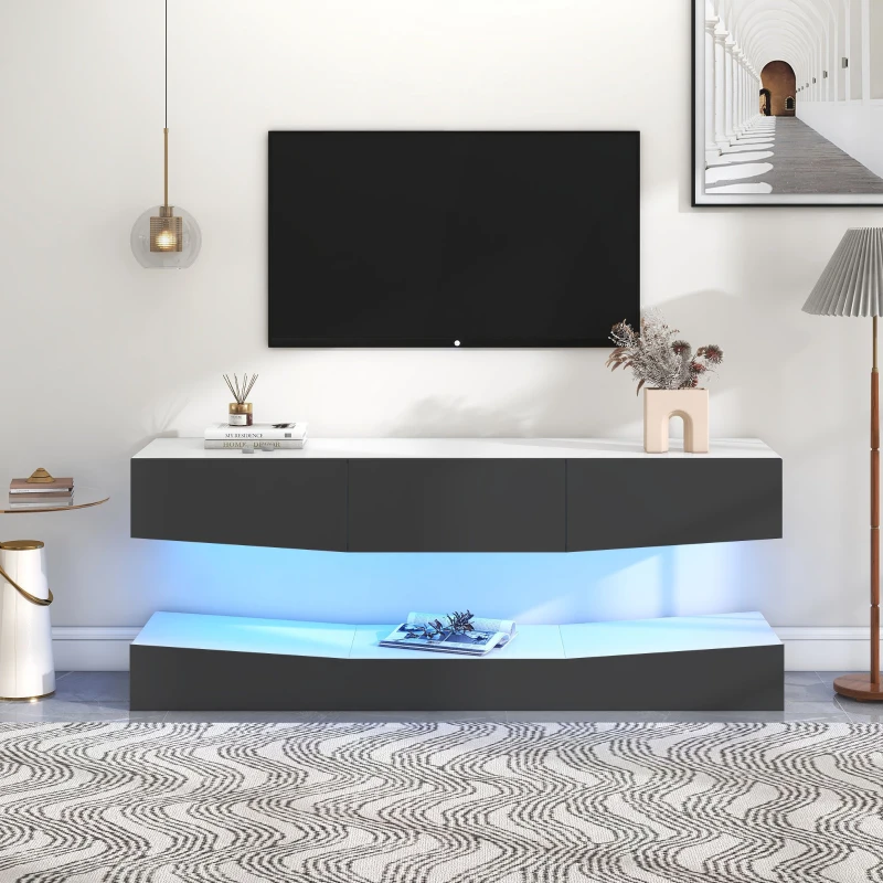 Meuble TV suspendu scandinave moderne avec éclairage LED, Blanc+gris