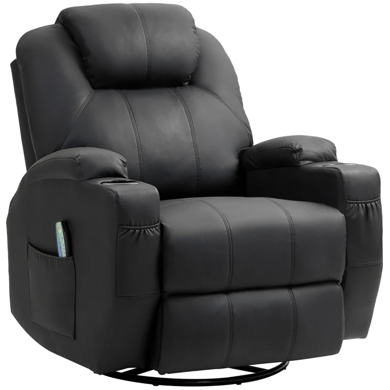 HOMCOM Relaxfauteuil met Massagefunctie, Kantelbare Leuning, Draaibaar, tot 150 kg, Kunstleer, Zwart