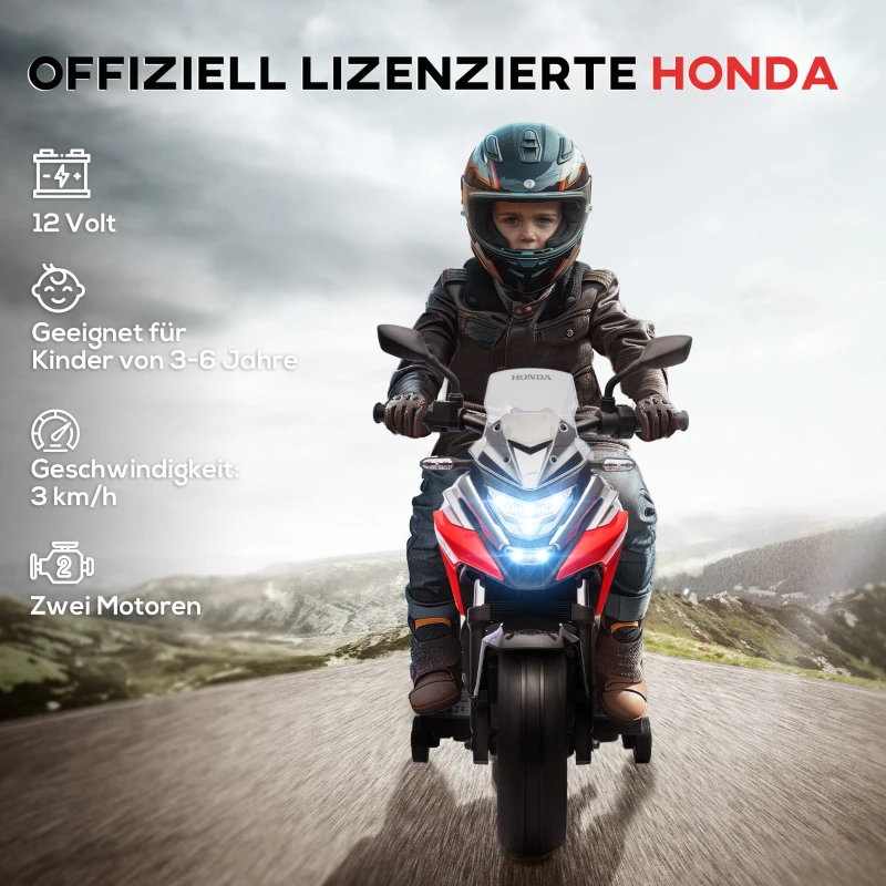 AIYAPLAY Motocykl Elektryczny dla Dzieci, Honda, 3 km/h, Muzyka i Światło, 3-6 Lat, do 30 kg, Czerwony