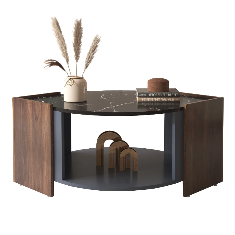 Mesa de Centro de Mármol Negro y Nogal con Líneas Únicas Mesa de Sala de Estar de Diseño Elegante Negro