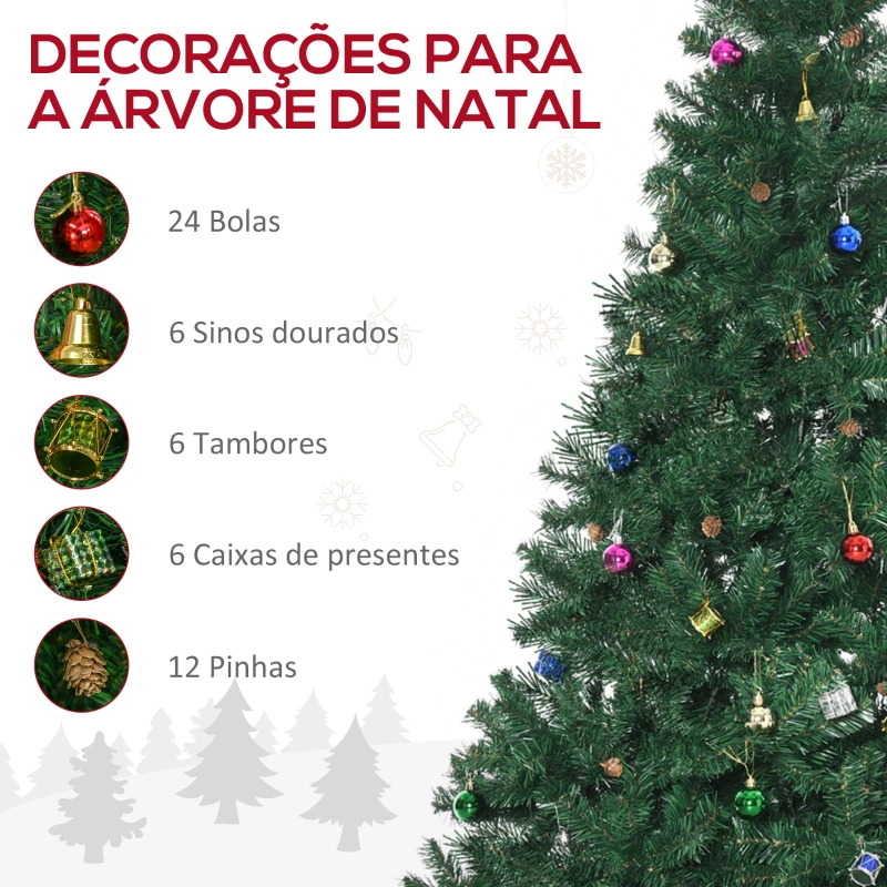 HOMCOM Árvore de Natal Artificial 210cm Ignífugo com 1036 Ramos 53 Decorações Folhas de PVC e Suporte Metálico Verde