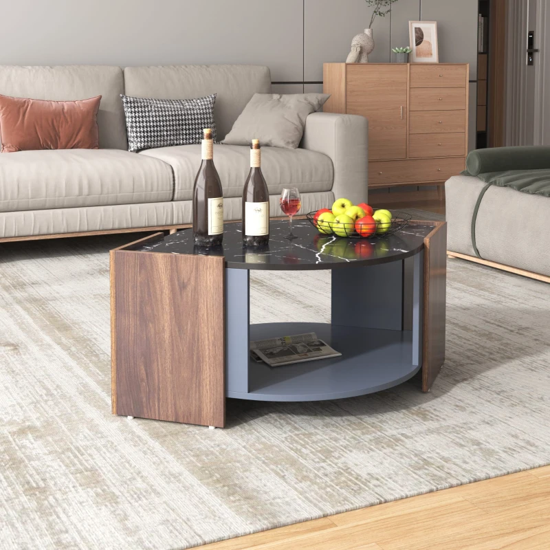 Mesa de Centro de Mármol Negro y Nogal con Líneas Únicas Mesa de Sala de Estar de Diseño Elegante Negro
