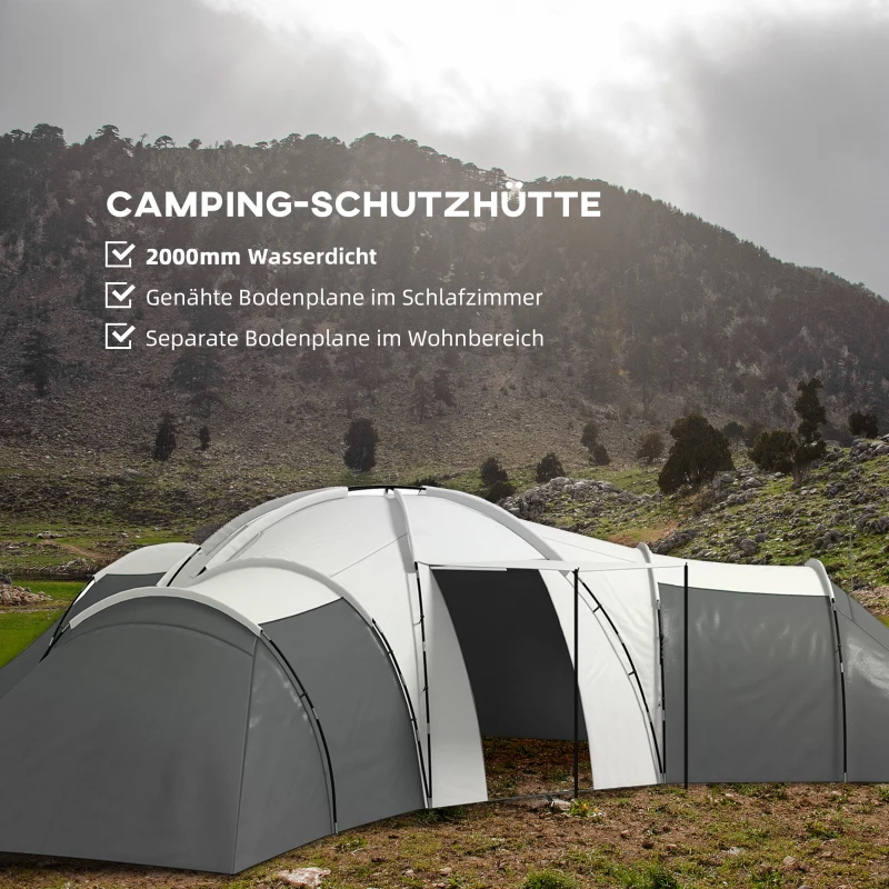 Outsunny Campingzelt für 6-9 Personen, 4 Räume, Vorzelt, wasserdicht, 615x 615x225cm, Grau(m-5)