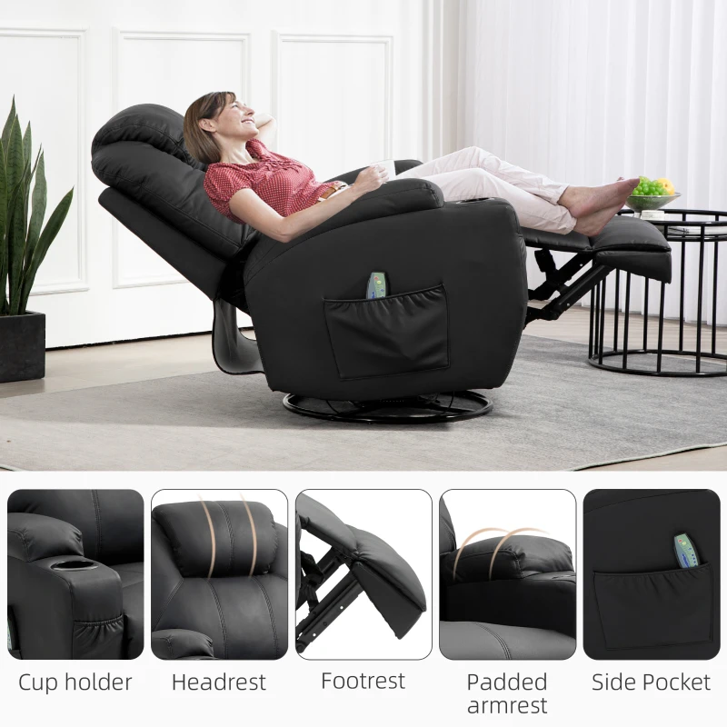 HOMCOM Relaxfauteuil met Massagefunctie, Kantelbare Leuning, Draaibaar, tot 150 kg, Kunstleer, Zwart
