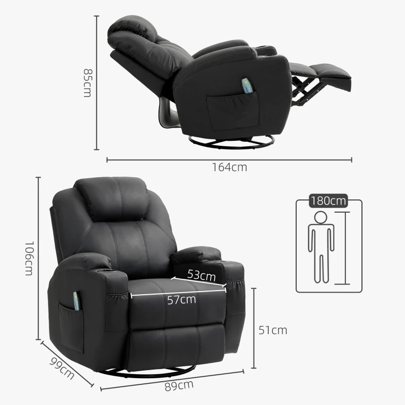 HOMCOM Relaxfauteuil met Massagefunctie, Kantelbare Leuning, Draaibaar, tot 150 kg, Kunstleer, Zwart