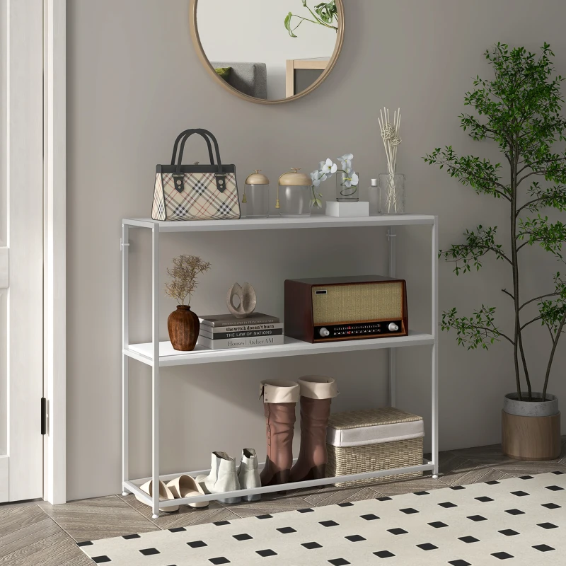 HOMCOM Masă Consolă de Intrare Subțire cu Partea Superioară Deschisă, Dulap Consolă din Oțel și PAL, 100x30x87 cm, Alb