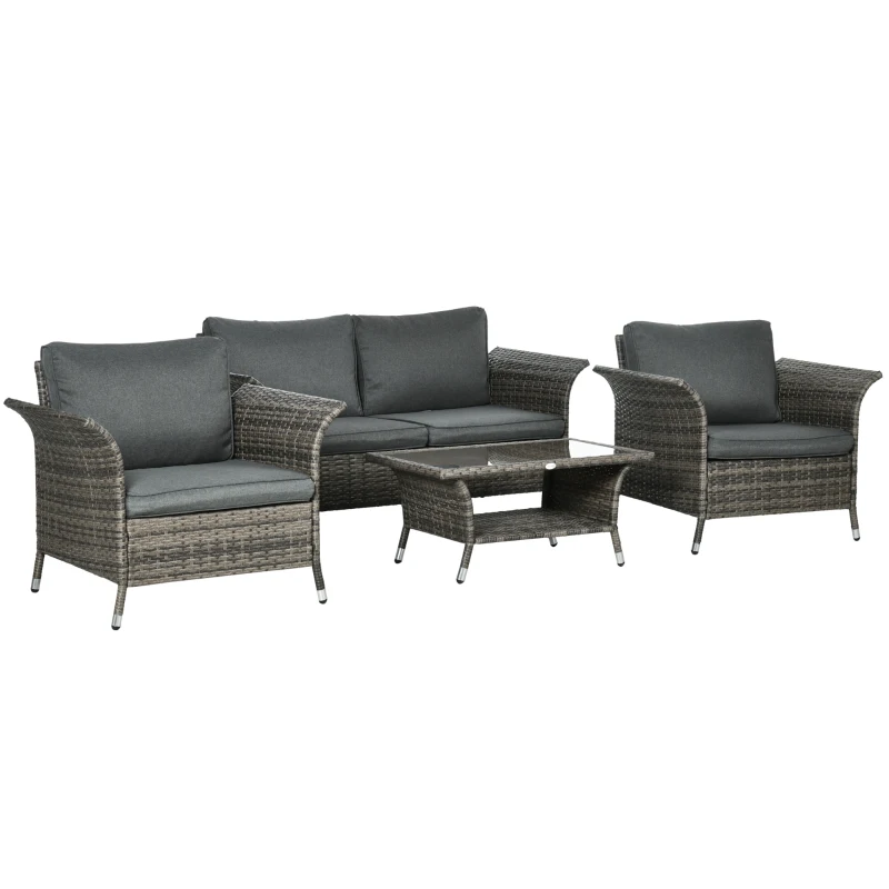 Outsunny Set de Gradina 4 Bucati Gri din Ratan PE si Otel, Masuta de Cafea pe 2 Nivele, Canapea de Exterior si 2 Scaune Moderne cu Sezuta Capitonata