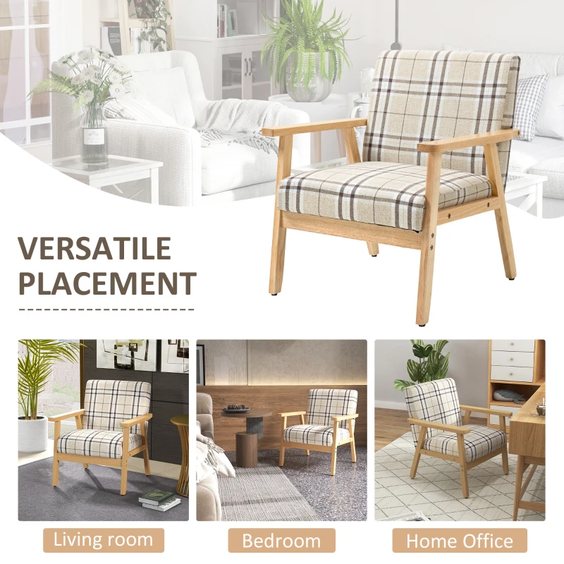 HOMCOM Modern One Seater Sofa for Living Room, Linen Fabric Small Couch with Rubber Wood Frame, Armrests, Lattice Pattern, Upholstered Armchair, Beige