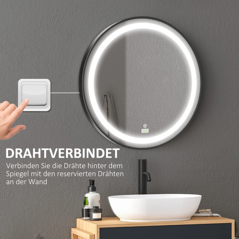 kleankin Badkamerspiegel met LED-Verlichting, Dimbaar, 3 Lichtkleuren, Metalen Frame, Ø60 cm, Zwart