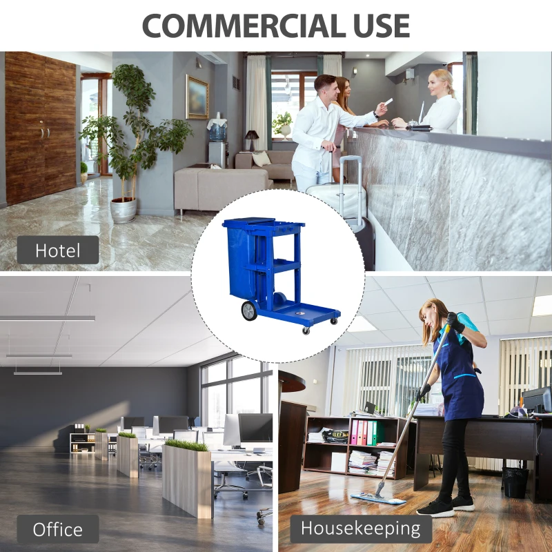 HOMCOM Janitor Cleaning Trolley, with Bin, Shelves and Hooks - Blue