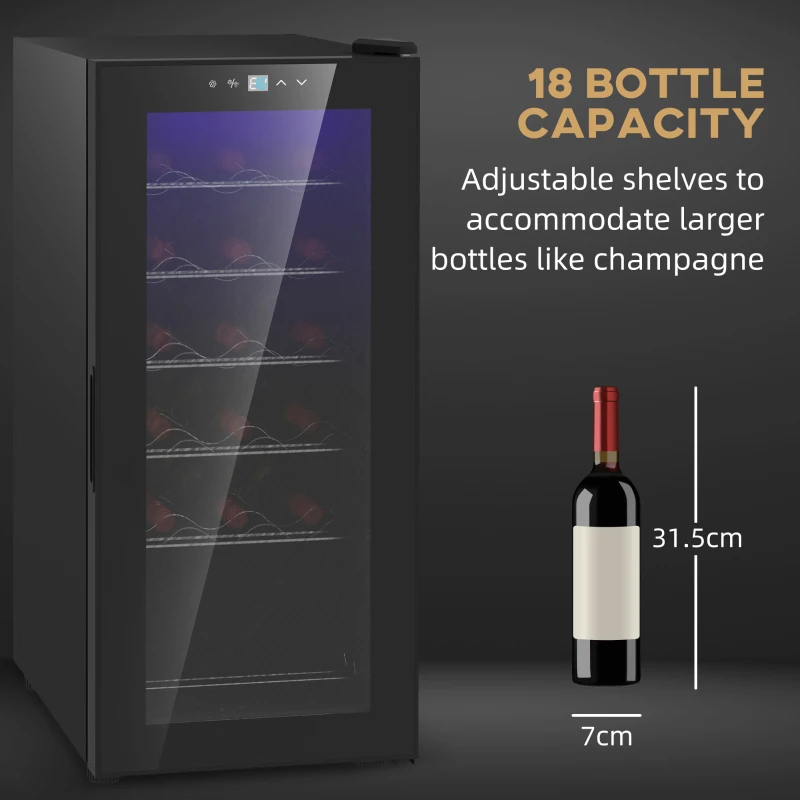 HOMCOM 50L Wine Cooler, 18 Bottles Freestanding Wine Fridge with Glass Door, LED Light, Temperature Control and Digital Touch Screen, Black