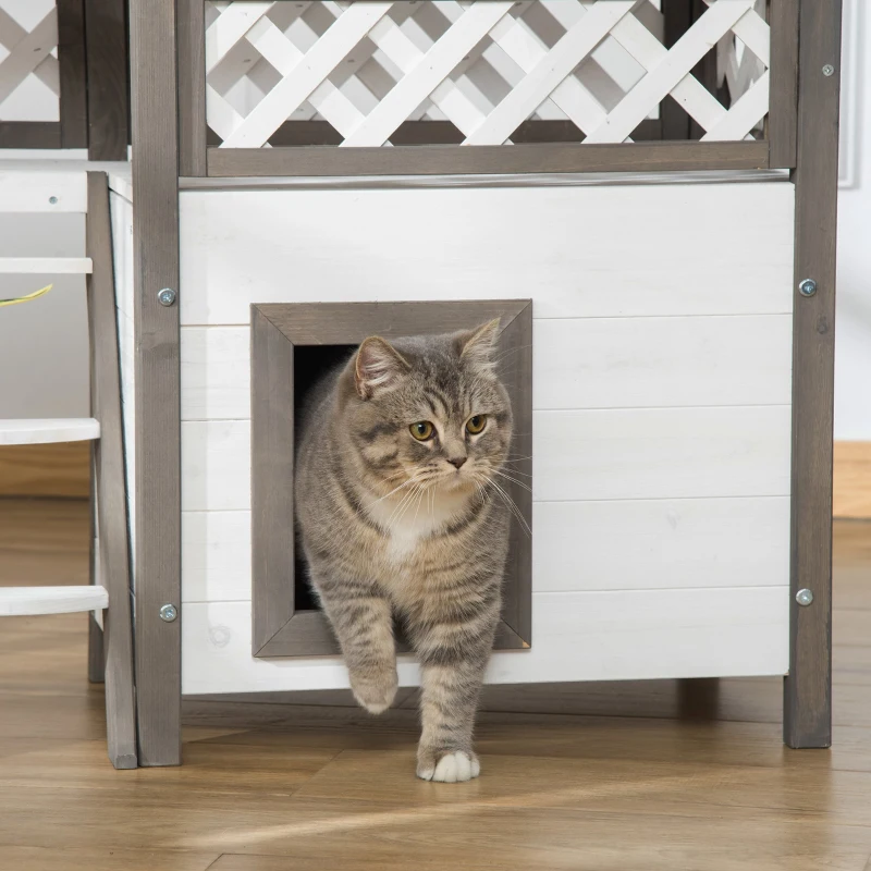 PawHut Caseta para Gatos de Madera 77x50x73 cm Casa para Gatos con 2 Niveles con Techo Asfáltico Terraza Vallada Cueva y Escalera para Interior y Exterior Blanco