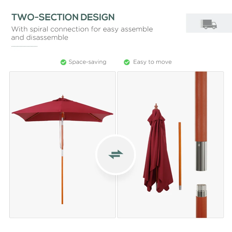 Outsunny 2m x 1.5m Patio Garden Parasol Sun Umbrella Sunshade Canopy Outdoor Backyard Furniture Fir Wooden Pole 6 Ribs Tilt Mechanism - Wine Red