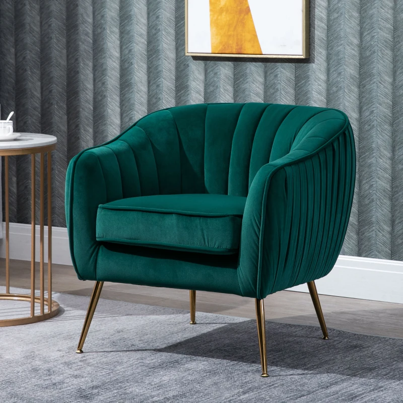 HOMCOM Fotoliu Catifea Verde – Picioare Auriu Metal, Stil Elegant