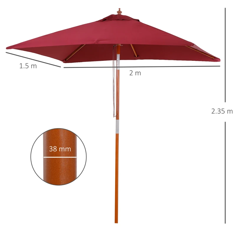 Outsunny 2m x 1.5m Patio Garden Parasol Sun Umbrella Sunshade Canopy Outdoor Backyard Furniture Fir Wooden Pole 6 Ribs Tilt Mechanism - Wine Red