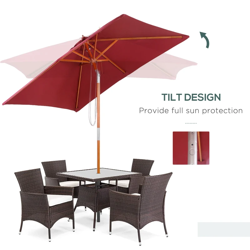 Outsunny 2m x 1.5m Patio Garden Parasol Sun Umbrella Sunshade Canopy Outdoor Backyard Furniture Fir Wooden Pole 6 Ribs Tilt Mechanism - Wine Red