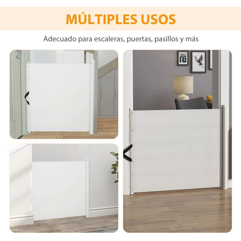 PawHut Puerta para Perros Plegable con Ancho Ajustable 5,5-115 cm Barrera de Seguridad para Perros Retráctil con Asa Blanco
